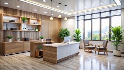 Modern Office Reception Desk with Wood Paneling and Natural Light, office design , modern interior , reception area , contemporary style