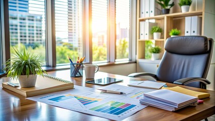 Fototapeta premium Office Desk with Charts and Documents, Office Interior, Business Desk, Workspace, Office Supplies , office desk, office space