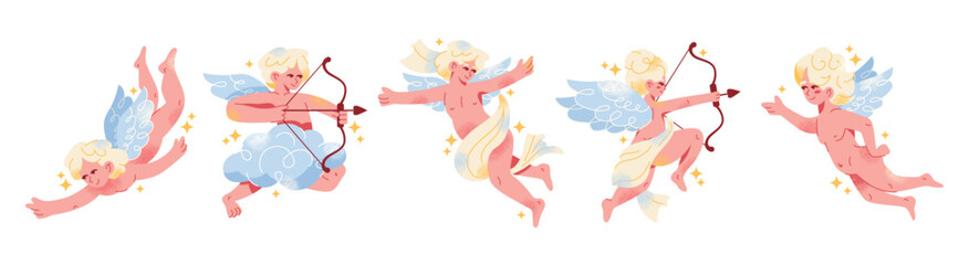 Character amur cupid valentines day. Cartoon angel with a bow, arrow, wing and heart. Set of cute flying characters wedding. vector illustration isolated on background