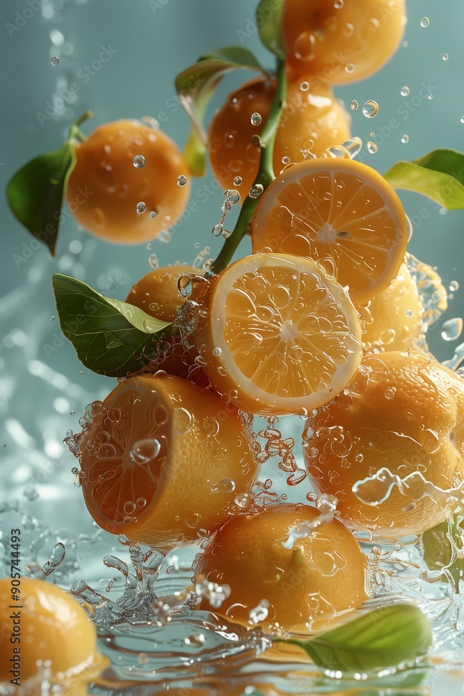Poster fresh oranges splashed into clear water while bright citrus slices hover above lively bubbles at day