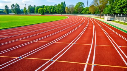 Red Running Track with White Lines Surrounded by Green Trees, Track and Field, Athletic Track, Outdoor Stadium, Sport