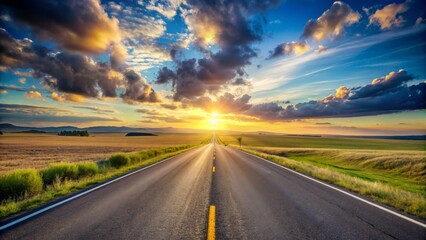 Naklejka premium Road to the Sunset with Dramatic Clouds, Landscape Photography, Road Trip, Golden Hour, Nature, Travel , roadtrip
