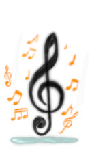 Hand drawn treble clef with floating orange musical notes on white background representing music and creativity illustration