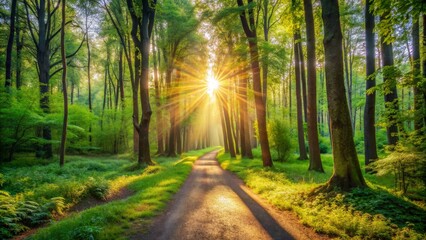 Obraz premium Sunbeams Through Forest Trees, Golden Hour, Green Trees, Path, Sunlight, Forest, Sun Rays