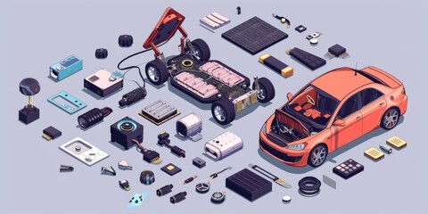 Isometric Illustration of Electric Car Components: A Modern and Detailed Visualization of the Future of Automotive Engineering.