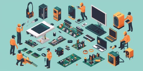 Obraz premium Isometric Infographics of Electronic Device Repair Services with Isolated Human Features and Computer Circuitry for Tech Repair Personnel