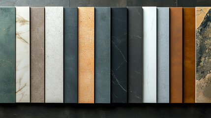 A range of colored ceramic tile samples for interior design, including options for kitchens and bathrooms, showcasing various styles of floor and porcelain stoneware.