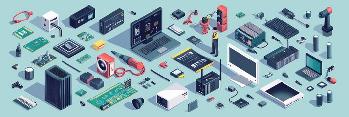 Isometric Infographics of Electronic Device Repair Services with Isolated Human Features and Computer Circuitry for Tech Repair Personnel