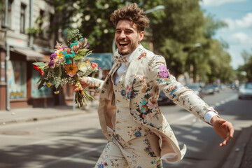 Fototapeta premium joyful young man in a suit with flowers in his hand runs cheerfully along the street