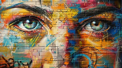 Obraz premium Graffiti fragment on old brick wall with a face. Street art. Background there is grunge and mess on the street.