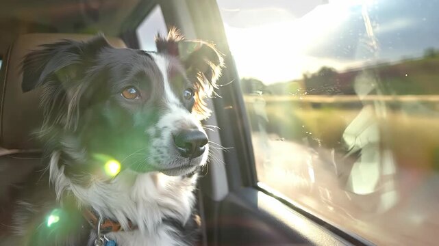 Travelling by car border collie, looking out from automobile window. Happy puppy enjoying life. Dog adventure for social advertising of a dog adoption, presentation of a pet shelter.