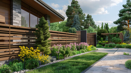 A modern style wooden fence surrounding a country house is characterized by simple but elegant lines.