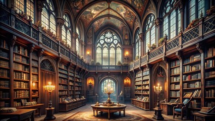 Obraz premium A Grand Library Interior with Tall Bookshelves and a Central Table, Library, Books, Interior, Architecture