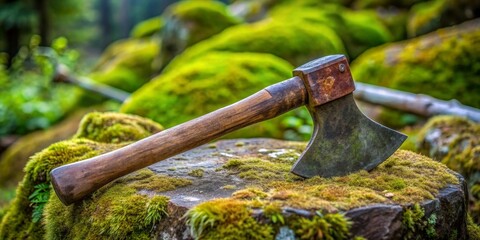A weathered axe rests on a mossy stump in the woods, nature's tool, axe, rustic, forest