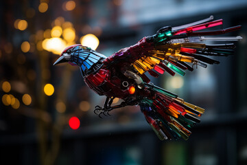 Vibrant upcycled bird sculpture from recycled materials. Generative AI image