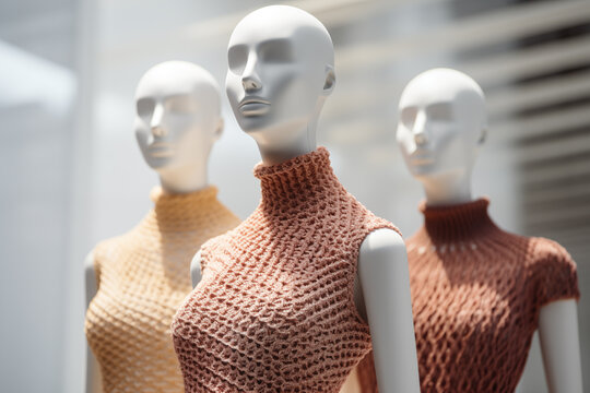 Mannequins displaying upcycled crochet clothing designs. Generative AI image