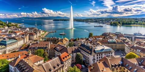 Aerial View of Geneva with Jet d'Eau Fountain, Switzerland, Photography, Cityscape, Architecture, Geneva, Switzerland