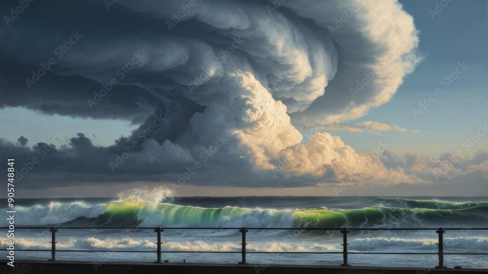 Poster a large wave crashing into a pier with the ocean in front of it, ai