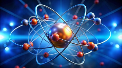 Atomic Structure - 3D Illustration of a Gold Nucleus with Electrons Orbiting in a Blue Background, 3D rendering , science , atom , physics