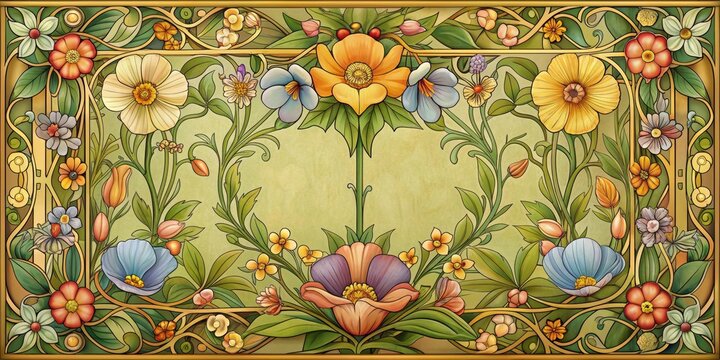 Naklejki Art Nouveau Floral Tapestry A Golden Frame of Delicate Blooms, Art Nouveau, Floral, Tapestry, Botanical