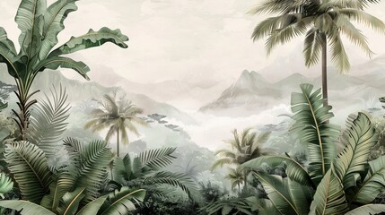 The retro mural photo wallpaper features a tropical forest with graceful leaves in a vintage background graphic painting art card poster print interior