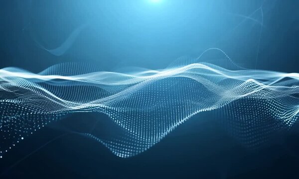 Abstract Wavy digital technology lines with bright iights and dark void background landscape