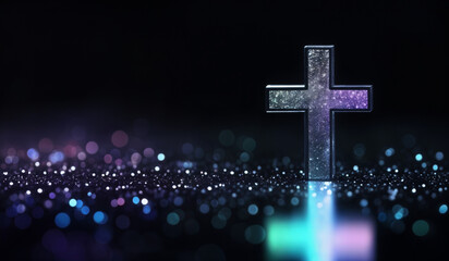 Cool tones holographic glowing Christian cross with copy space.