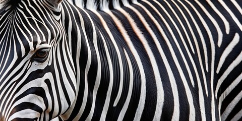 Fototapeta premium Close-up of a Zebra's Stripes and Eye, Black and White Fur, Animal Pattern, Zebra Stripes, Wildlife Photography, Zebra, Stripes