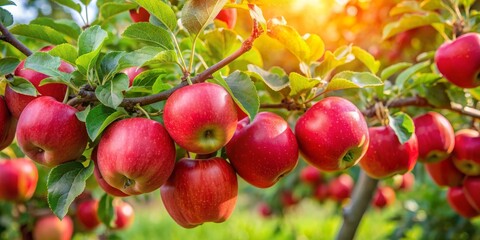 Close-Up of Red Apples on a Branch with Sunlight Filtering Through the Leaves, Apple Orchard, Fruit Tree, Harvest Season, Red Apples, Sunlight, Leaves