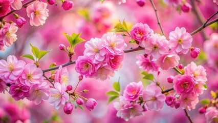 Naklejka premium Delicate Pink Blossoms on a Branch, Close-Up, Soft Focus, Springtime, Cherry Blossom, Spring Flowers, Pink Flowers