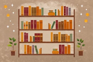 A library of knowledge, in an arched wooden bookshelf, filled with colorful volumes, waiting to be opened