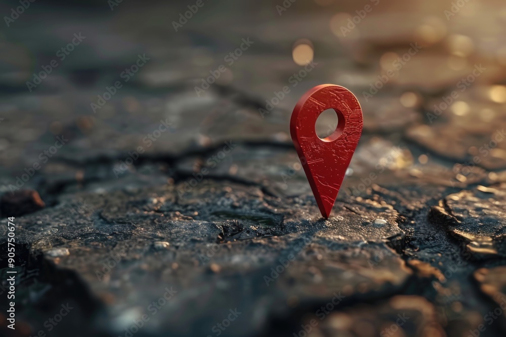Poster a small red pin sits on top of a cracked earthy surface, perfect for use as a symbol or icon in desi
