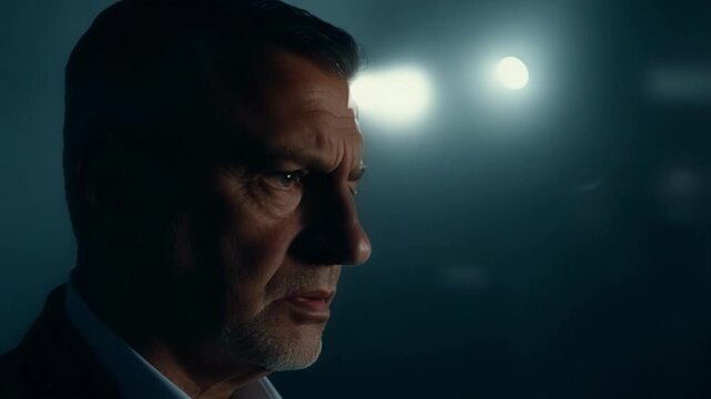 A closeup of a middleaged man his brow furrowed and his lip nervously bitten as he stares off into the distance. The background is a dark moody room.