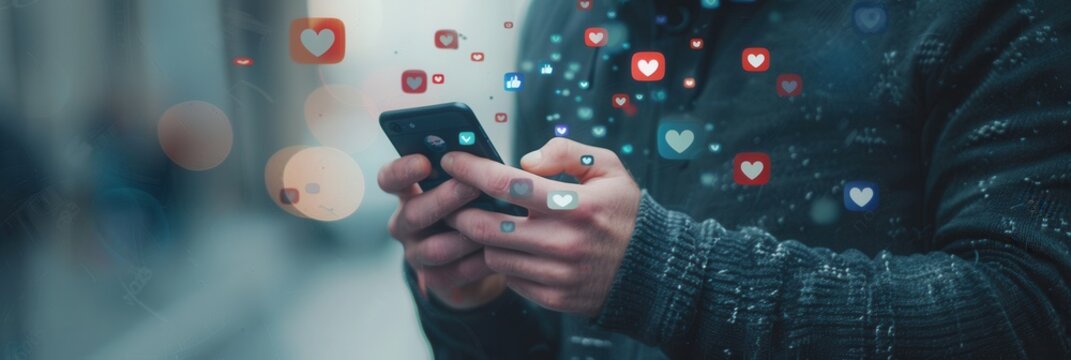 A man is actively using his smartphone, surrounded by floating social media likes icons in a busy urban environment. Generative AI
