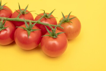 Red cherry tomatoes with green branch on yellow background	