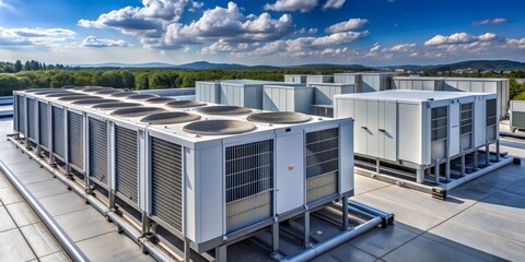 Obraz premium Industrial HVAC System on Rooftop with Cloudy Sky, HVAC , Cooling , Rooftop , Industrial