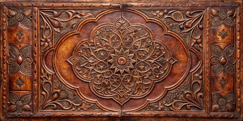 Intricate Carved Wooden Panel with Floral Motifs, wood carving, arabic art, islamic art, wood texture