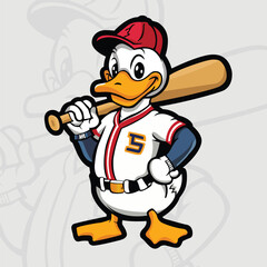 Cartoon Baseball Duck Mascot Logo, Cute Duck with Baseball Bat, Funny Duck Athlete Logo