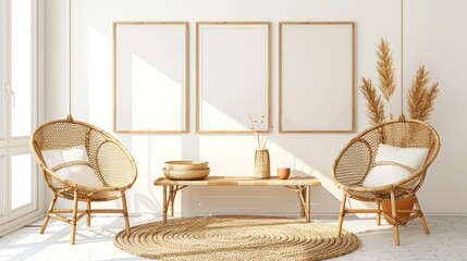 Bohemian Interior Design with Rattan Chairs and Empty Frames