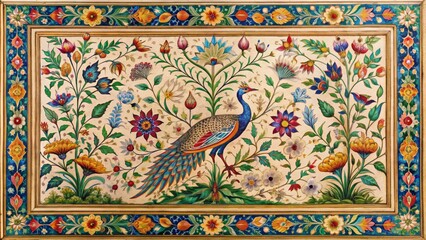 Peacock Amidst Floral Tapestry, Mughal Art, Miniature Painting, Persian Art, Mughal Flower, Peacock Painting