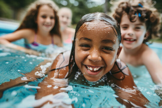 group of diverse children in swimming pool with inflatable ring circles, smiling kids wearing swimwear at outdoor summer pool party portrait