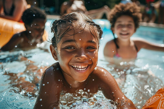 group of diverse children in swimming pool with inflatable ring circles, smiling kids wearing swimwear at outdoor summer pool party portrait