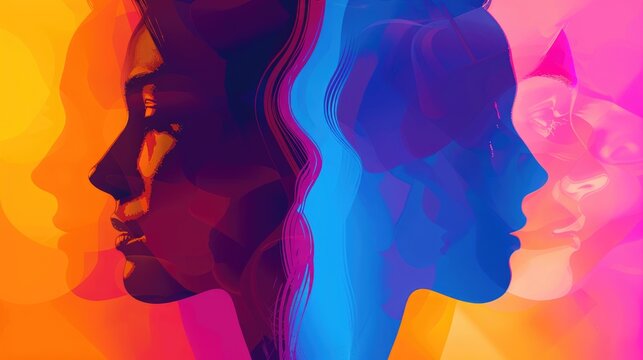 Bipolar disorder portrayed through split personality concept with dual colored silhouette heads
