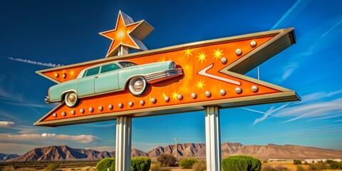 Retro Roadside Sign with Vintage Car, Orange and Blue, Desert Landscape, Road Trip , Retro Sign, Desert, Car
