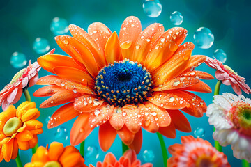 Close-up of vibrant orange daisies with water droplets, set against a turquoise background. Ideal for spring and summer campaigns, florists, and eco-friendly product promotions. Highlights natural bea