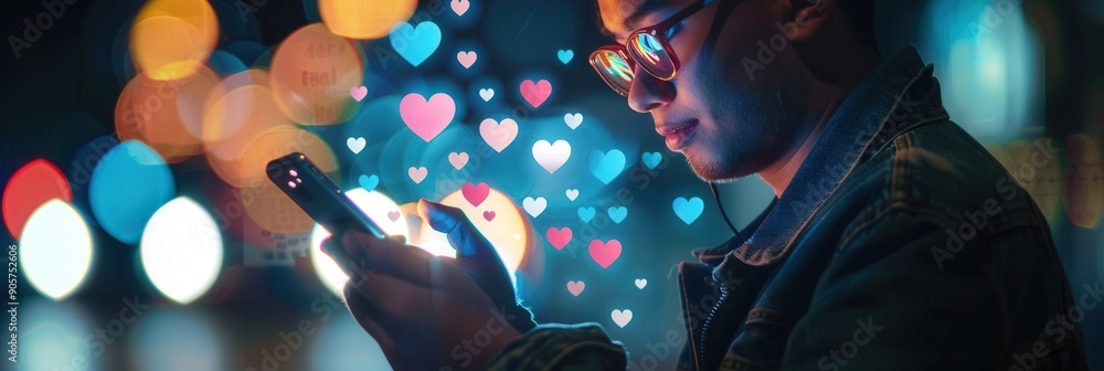 Poster a man interacts with his smartphone, surrounded by vibrant icons representing likes and connections,