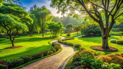 Obraz premium Serene Garden Path at Sunrise, Lush Greenery, Winding Pathway, Stone Pavement, Floral Borders, Nature, Garden