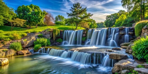 Naklejka premium Serene Waterfall with Green Foliage and Blue Sky, waterfall , nature , landscape , park