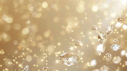 Sparkling diamonds with a bokeh effect on a beige background create a luxurious and elegant concept.