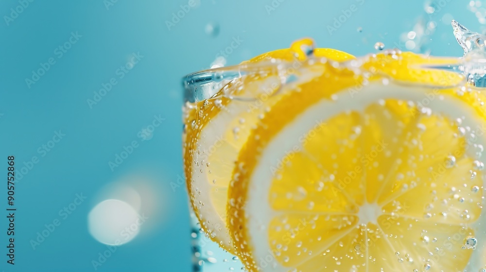 Poster refreshing sparkling water with lemon slices on bright background